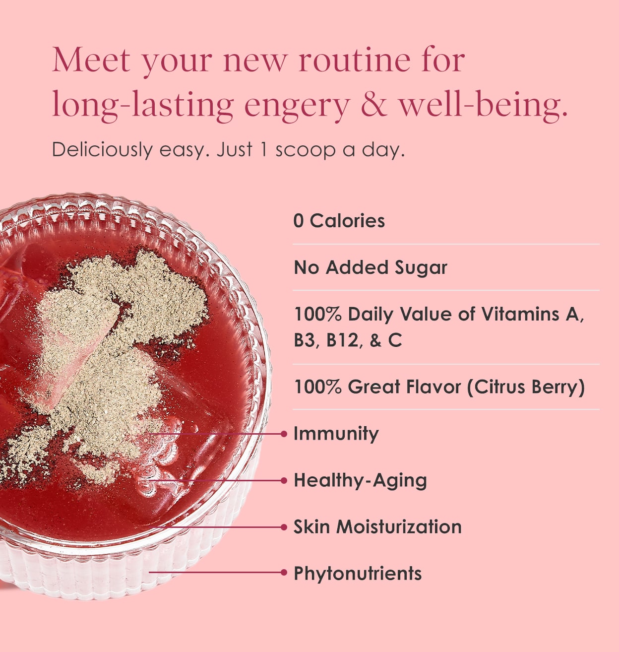 Product with red liquid and white powder, labeled for health benefits on a pink background